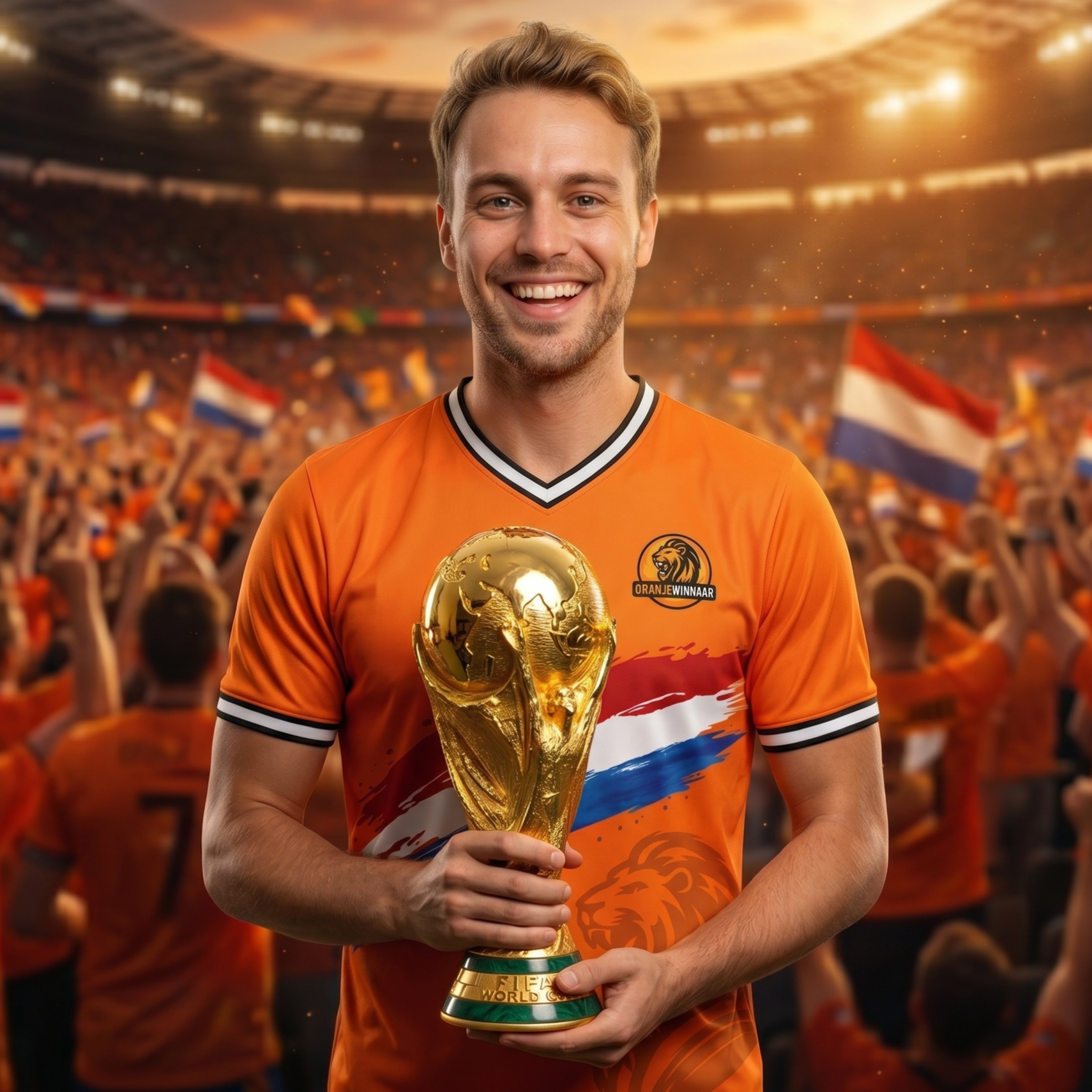 Oranje fan in een Nederlands elftal shirt met leeuw en vlag houdt de gouden WK beker vast in een juichend stadion.