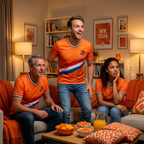 Het WK 2026 Oranje shirt voor fans gedragen in de huiskamer tijdens het kijken naar een wedstrijd van Oranje.