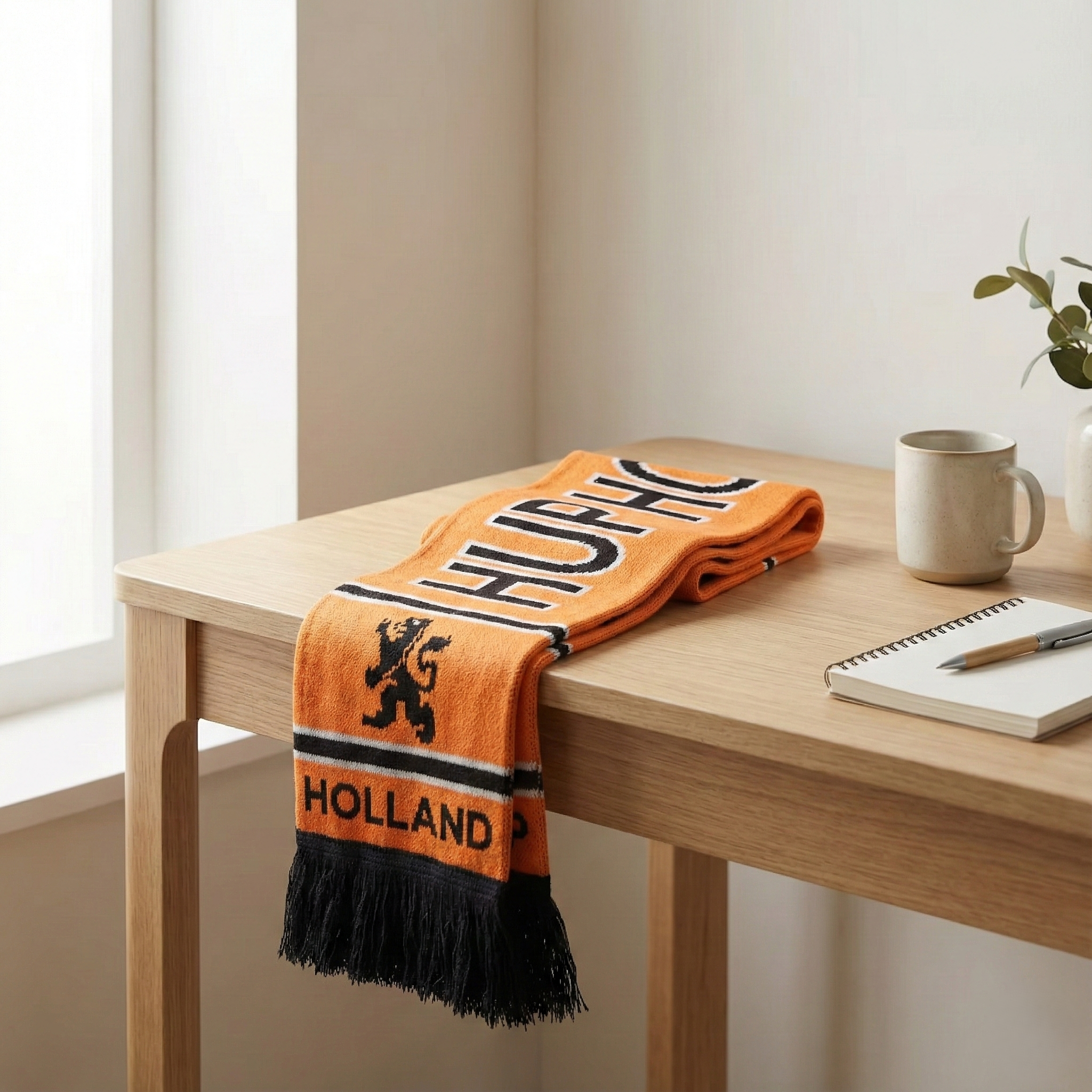 Sjaal Oranje Hup Holland Hup op een bureau