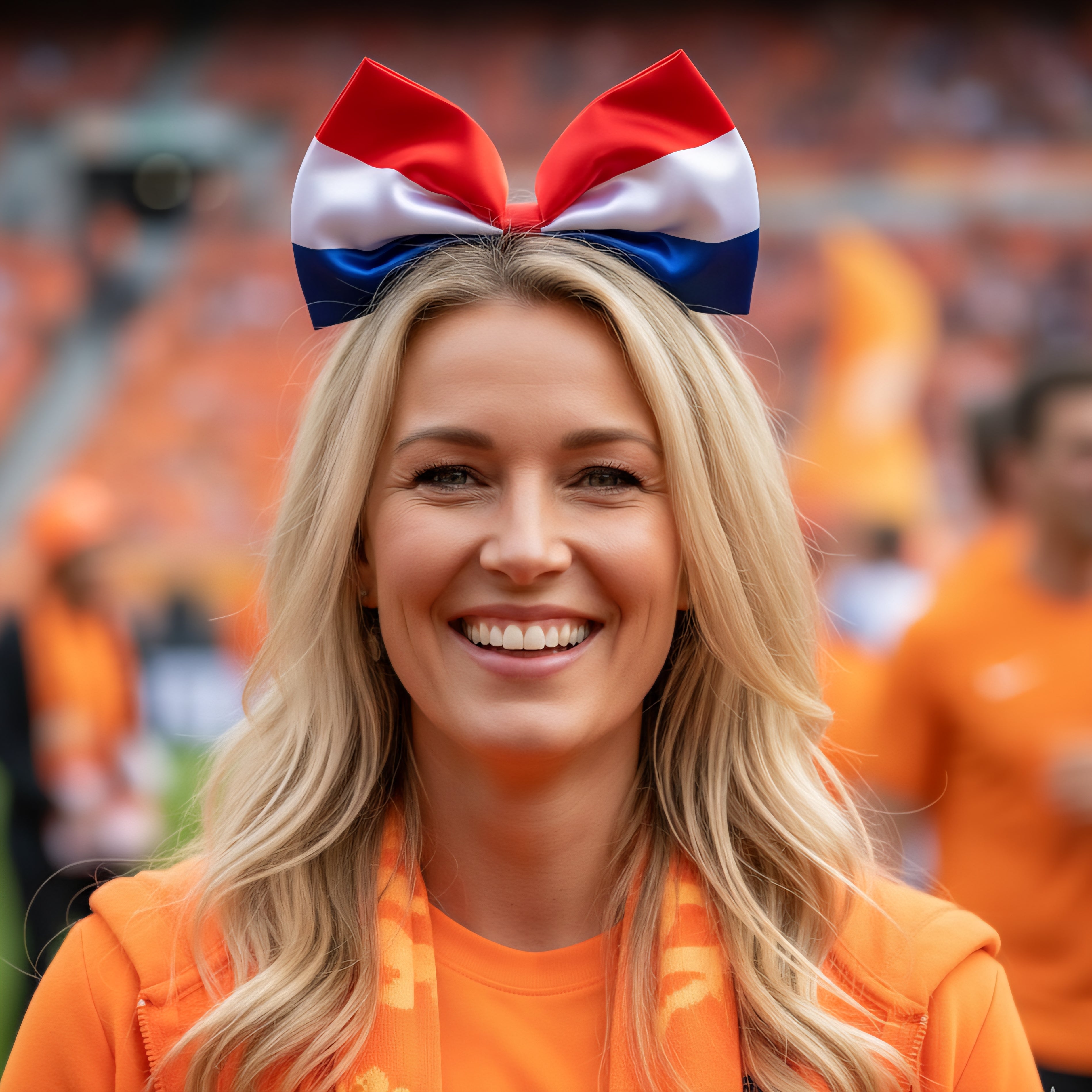 Een Nederlandse supporter draagt een diadeem met de Nederlandse vlag als strik als accessoire bij haar oranje fan outfit.