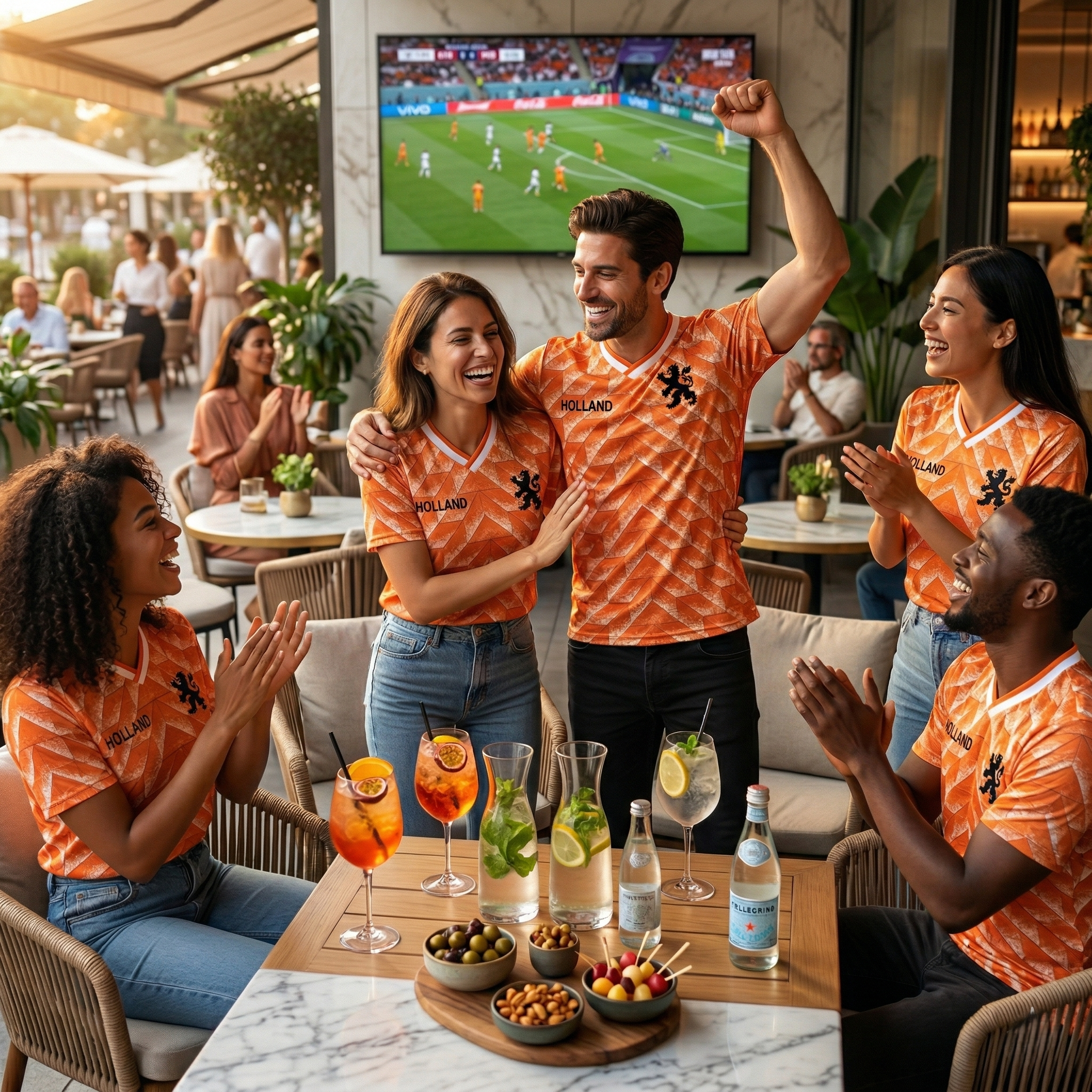 Een groep juichende voetbalfans op een zonnig terras kijkt naar een wedstrijd, allemaal gekleed in het retro EK 88 Oranje shirt