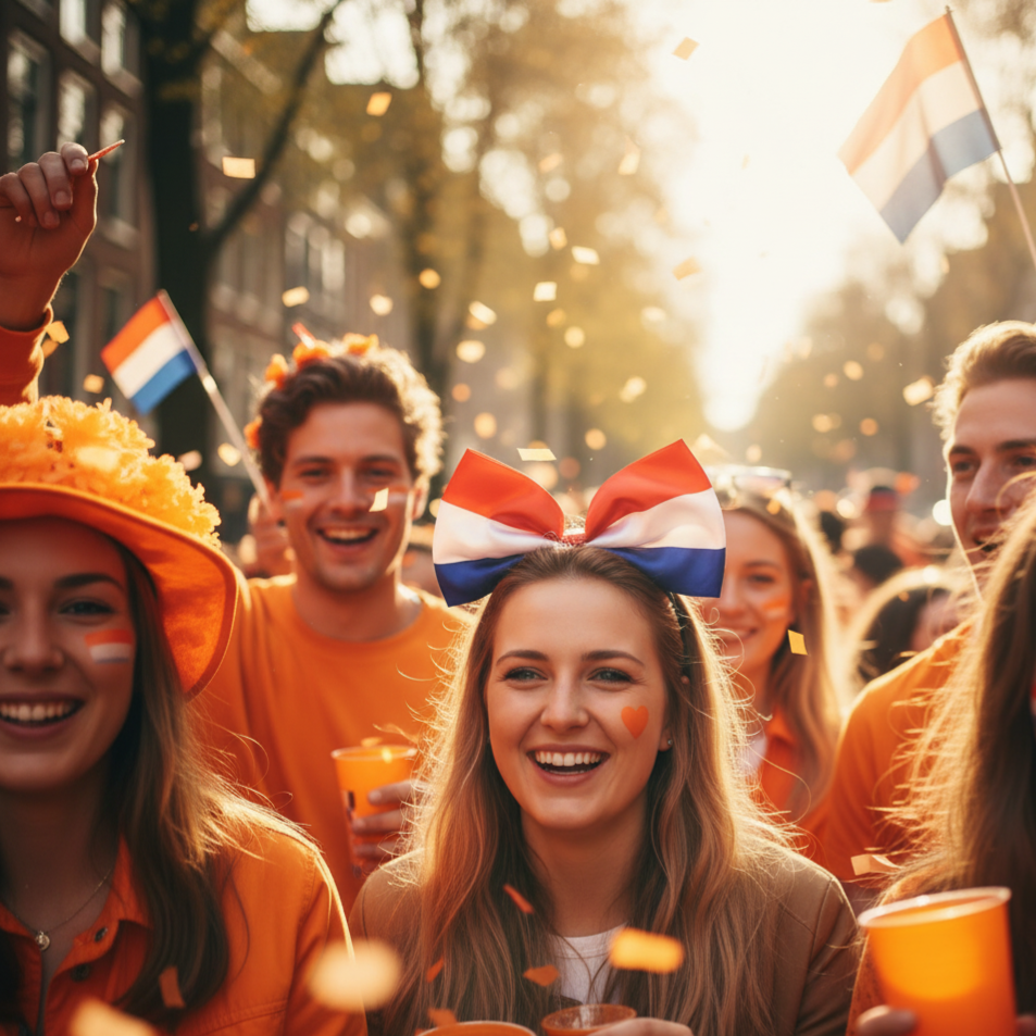 Een feestelijke diadeem met een rood-wit-blauw strik, gedragen tijdens Koningsdag in Nederland