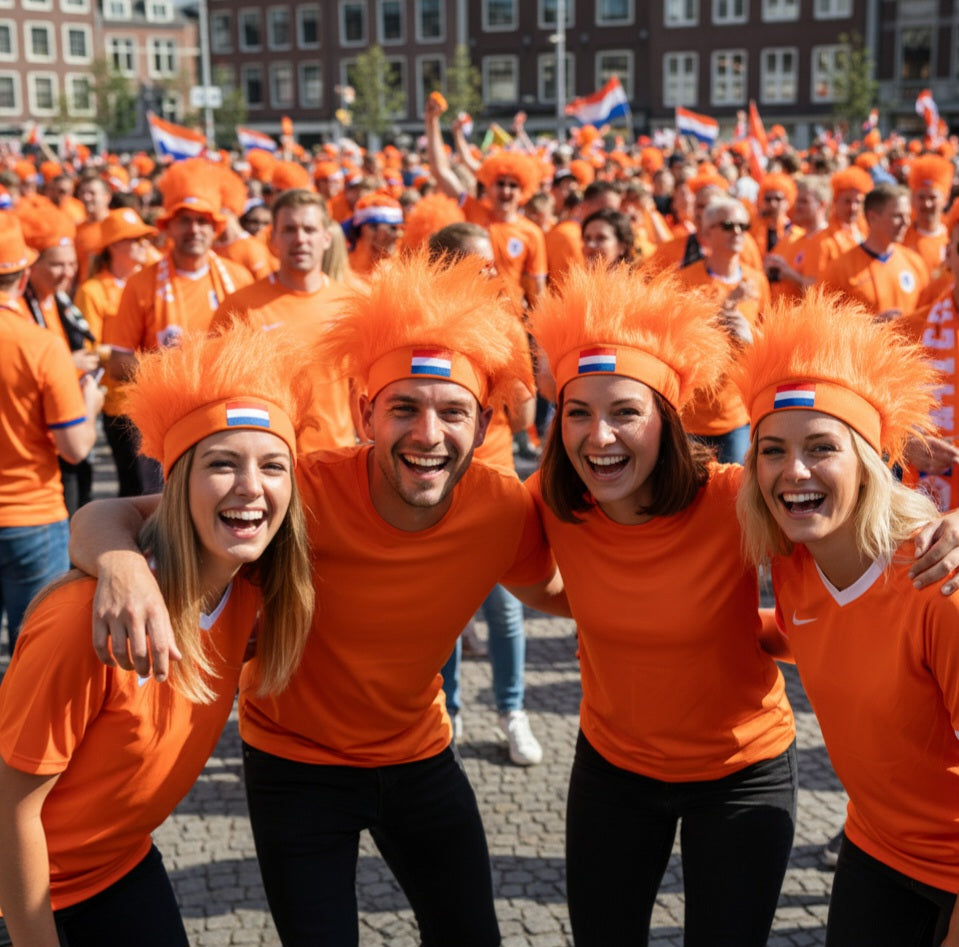 Een vriendengroep viert Koningsdag op een druk plein, allemaal met een Oranje hoofdband met haar op