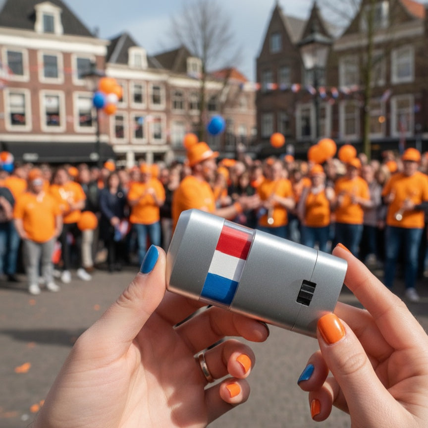 Een hand houdt de rood-wit-blauwe schminkstift vast, met op de achtergrond een feestende menigte tijdens Koningsdag