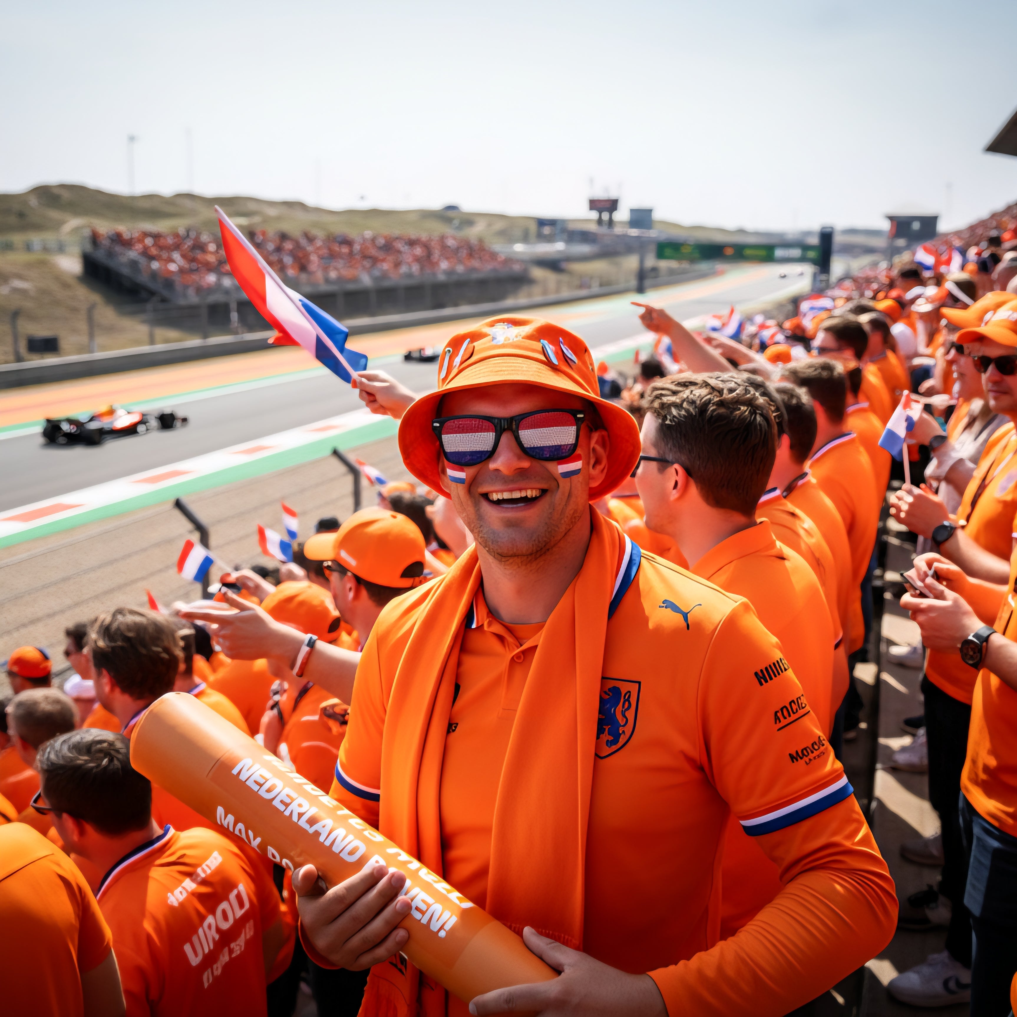 Een juichende Max Verstappen fan draagt de zonnebril met Nederlandse vlag op de tribune tijdens de GP Zandvoort