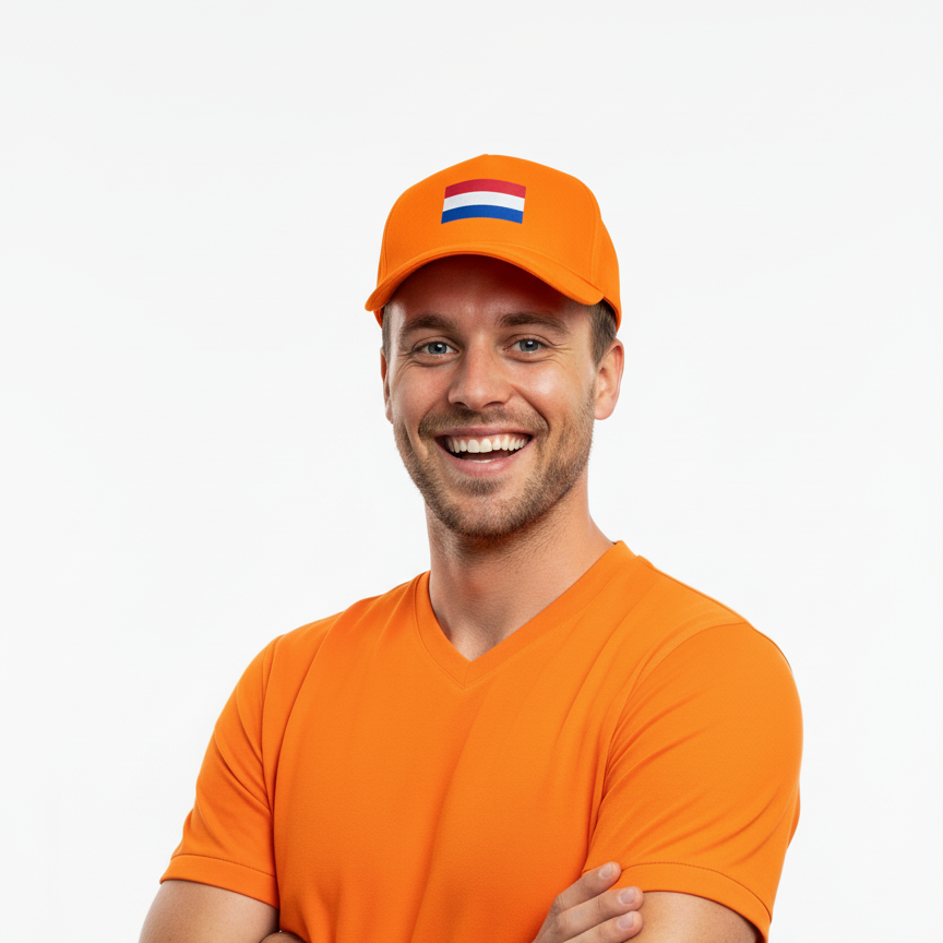 Een vrolijke supporter van het Nederlands elftal draagt de Oranje pet met de Nederlandse vlag
