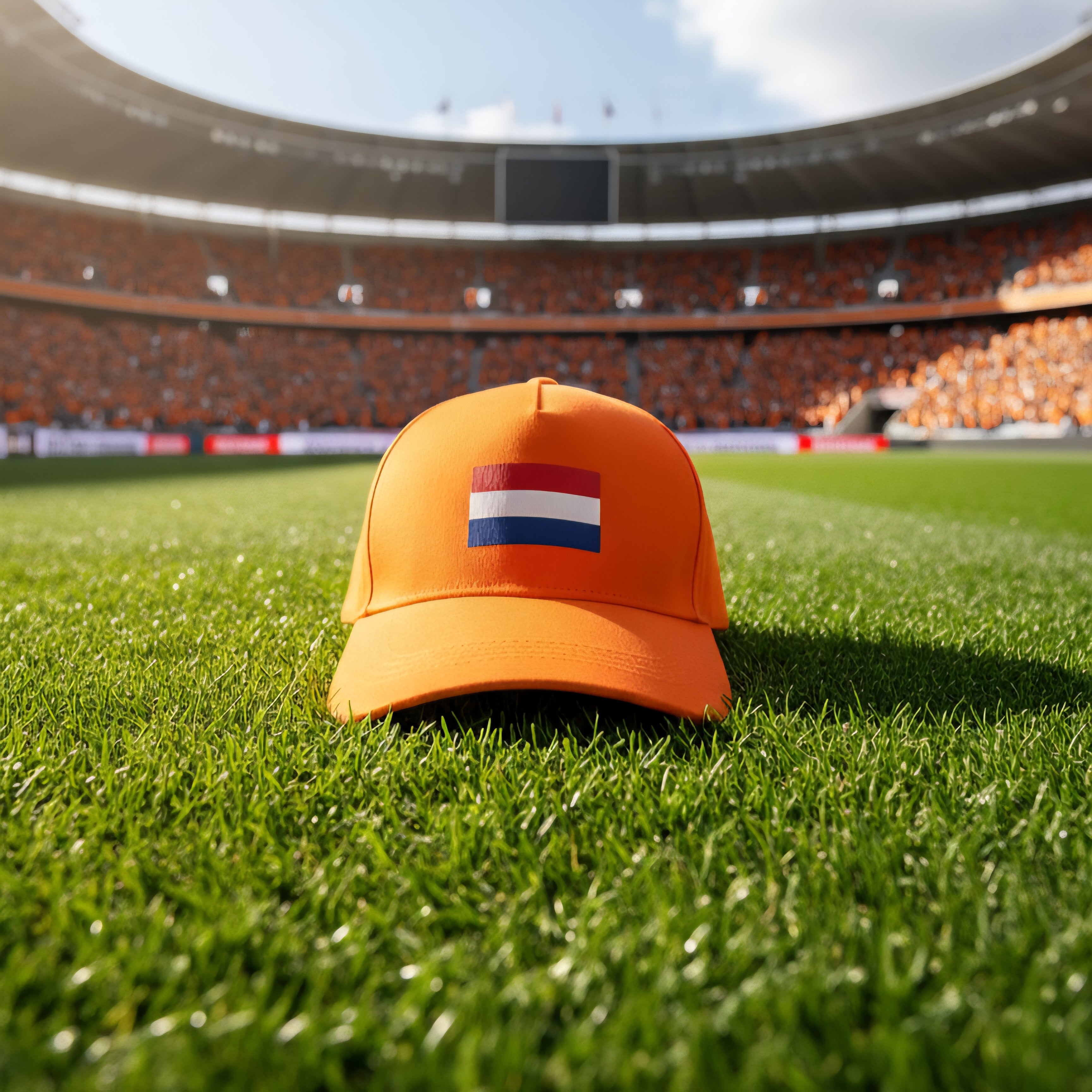 De Oranje pet met Nederlandse vlag, gefotografeerd op het gras van een vol voetbalstadion voor de wedstrijd