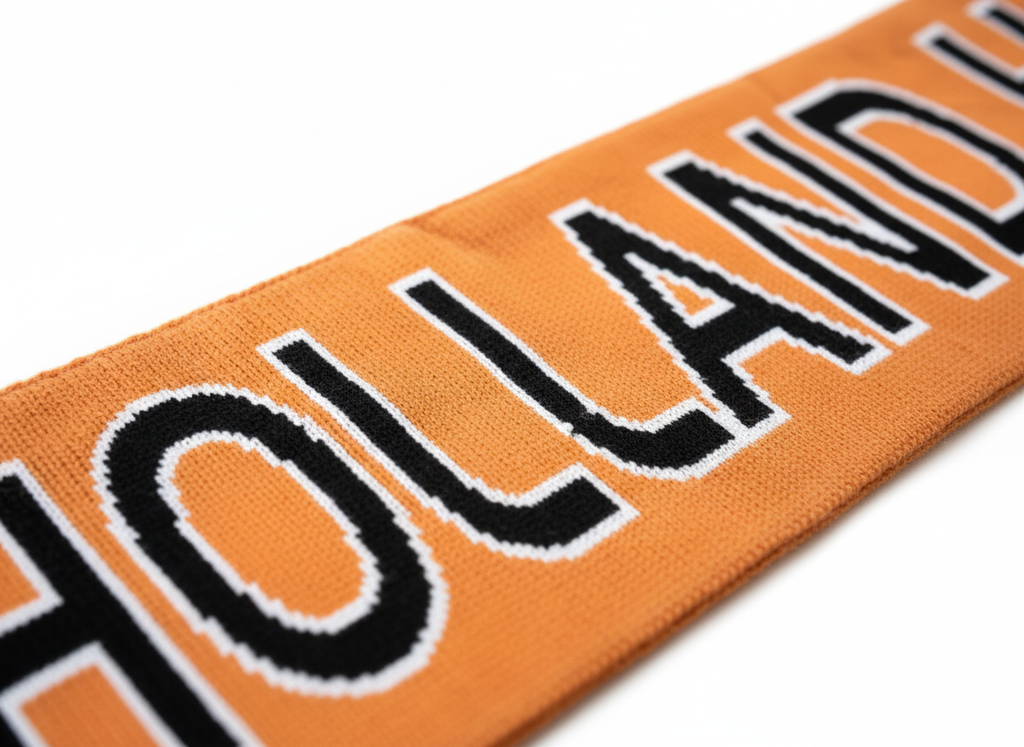 Close-up van de ingeweven tekst 'Holland' op de oranje supporters sjaal, die de kwaliteit van de stof toont
