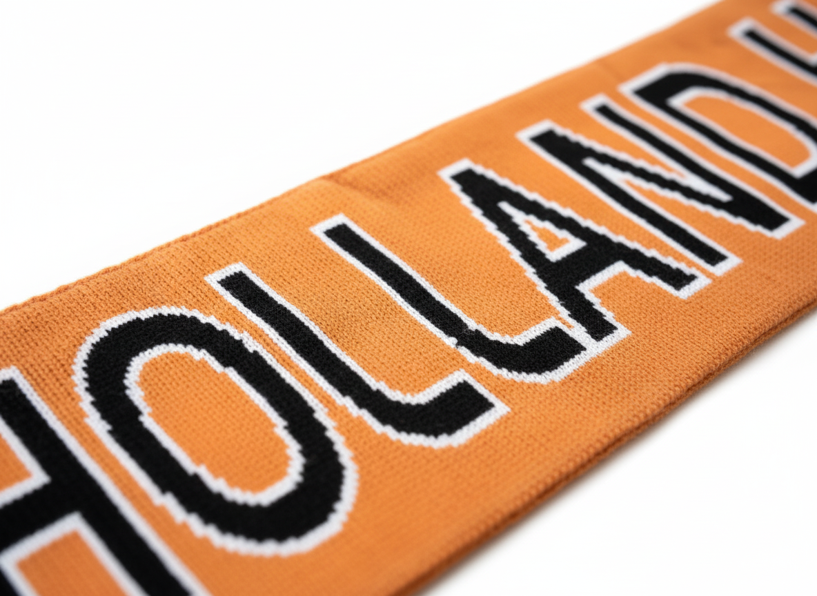 Close-up van de ingeweven tekst 'Holland' op de oranje supporters sjaal, die de kwaliteit van de stof toont
