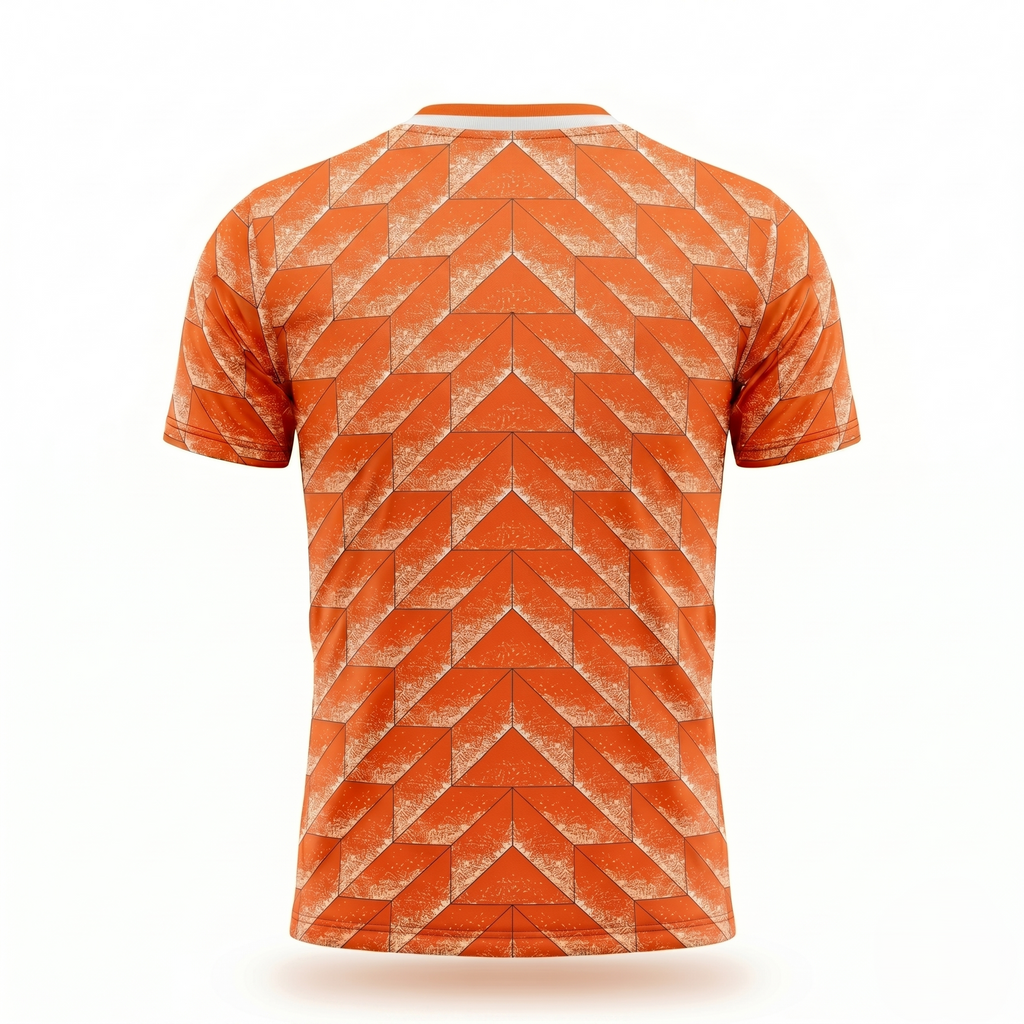 De achterkant van het Oranje EK 88 voetbalshirt, volledig bedrukt met het bekende oranje-witte geometrische retro patroon.