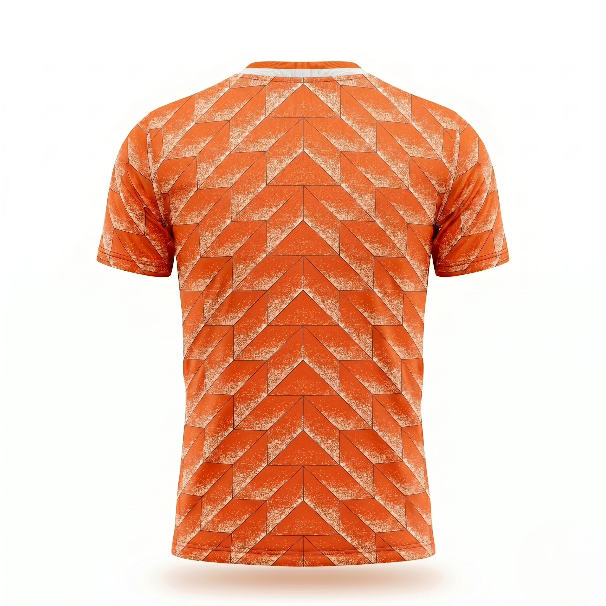 De achterkant van het Oranje EK 88 voetbalshirt, volledig bedrukt met het bekende oranje-witte geometrische retro patroon.
