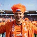 Een Oranje fan in een stadion, gekleed in oranje, draagt de hoofdband met rechtopstaand haar en de Nederlandse vlag op de voorkant.