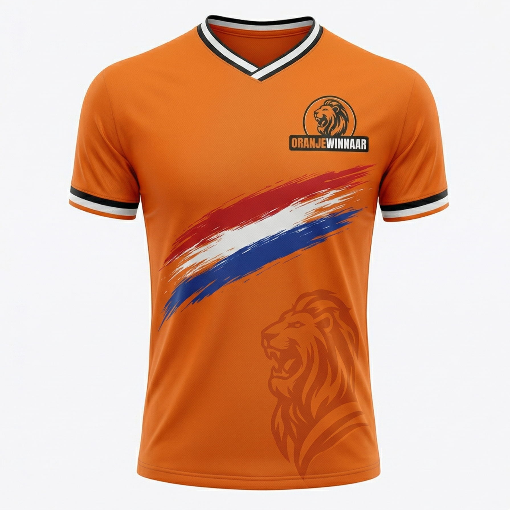 Oranjewinnaar voetbalshirt met een V-hals, de Nederlandse vlag en een oranje leeuw, perfect voor fans tijdens het WK 2026