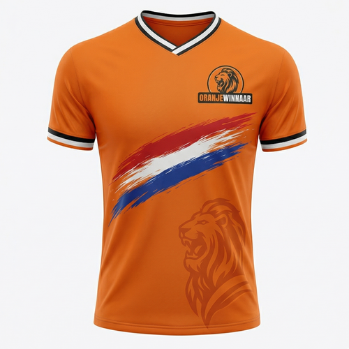 Oranjewinnaar voetbalshirt met een V-hals, de Nederlandse vlag en een oranje leeuw, perfect voor fans tijdens het WK 2026