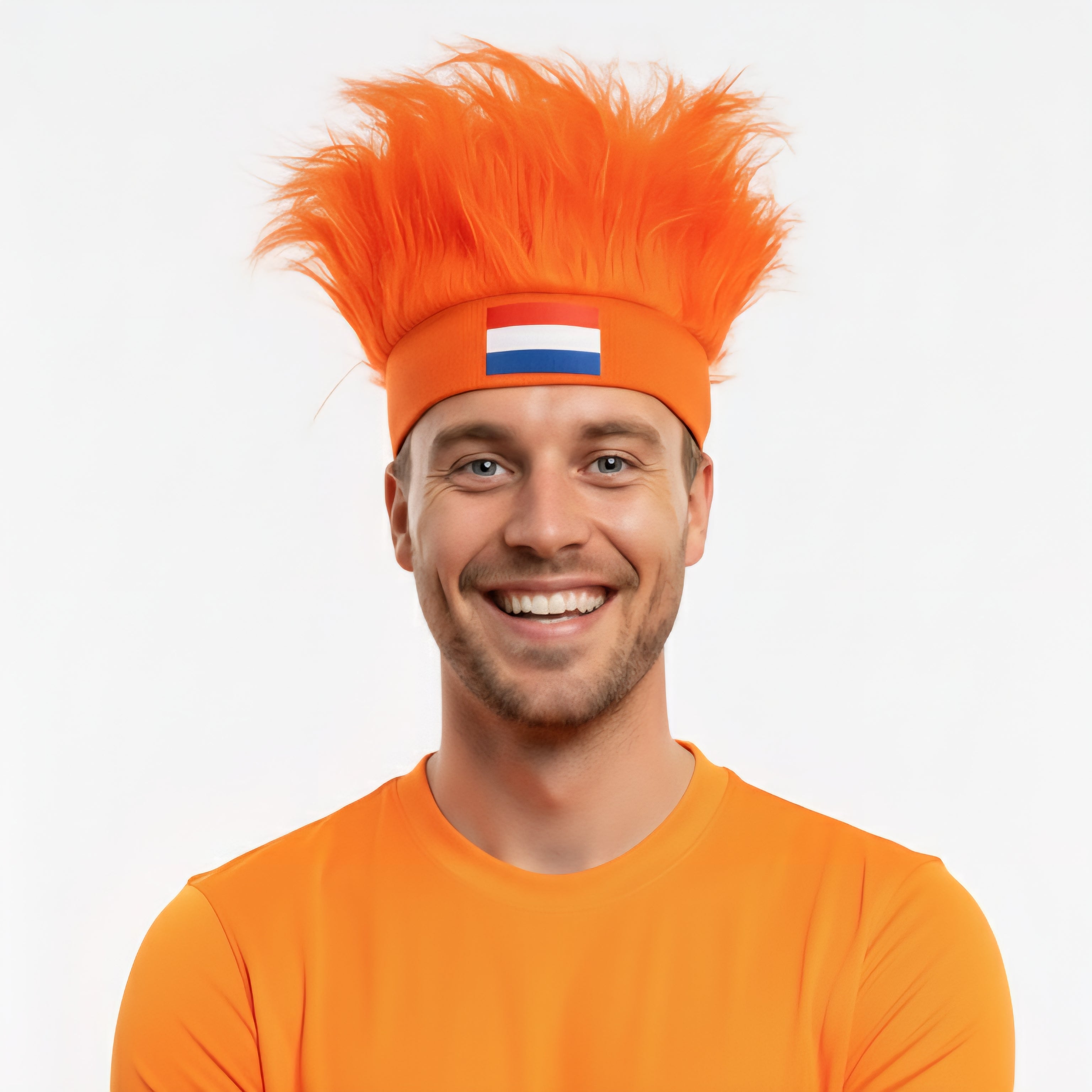 Een vrolijke fan van het Nederlands elftal draagt de Oranje hoofdband met opstaand haar en Nederlandse vlag