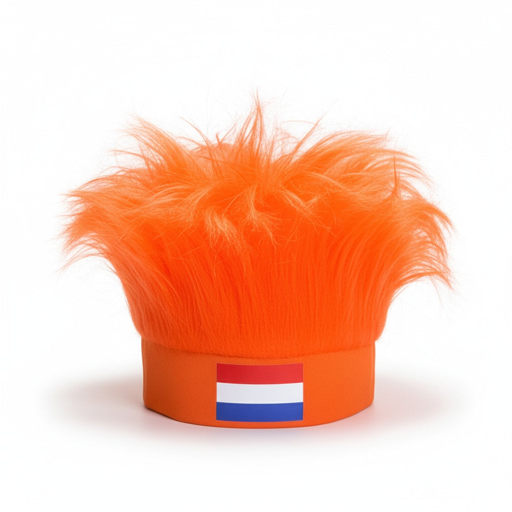 Oranje supporters hoofdband met opstaand oranje haar en de Nederlandse vlag aan de voorkant, op een witte achtergrond