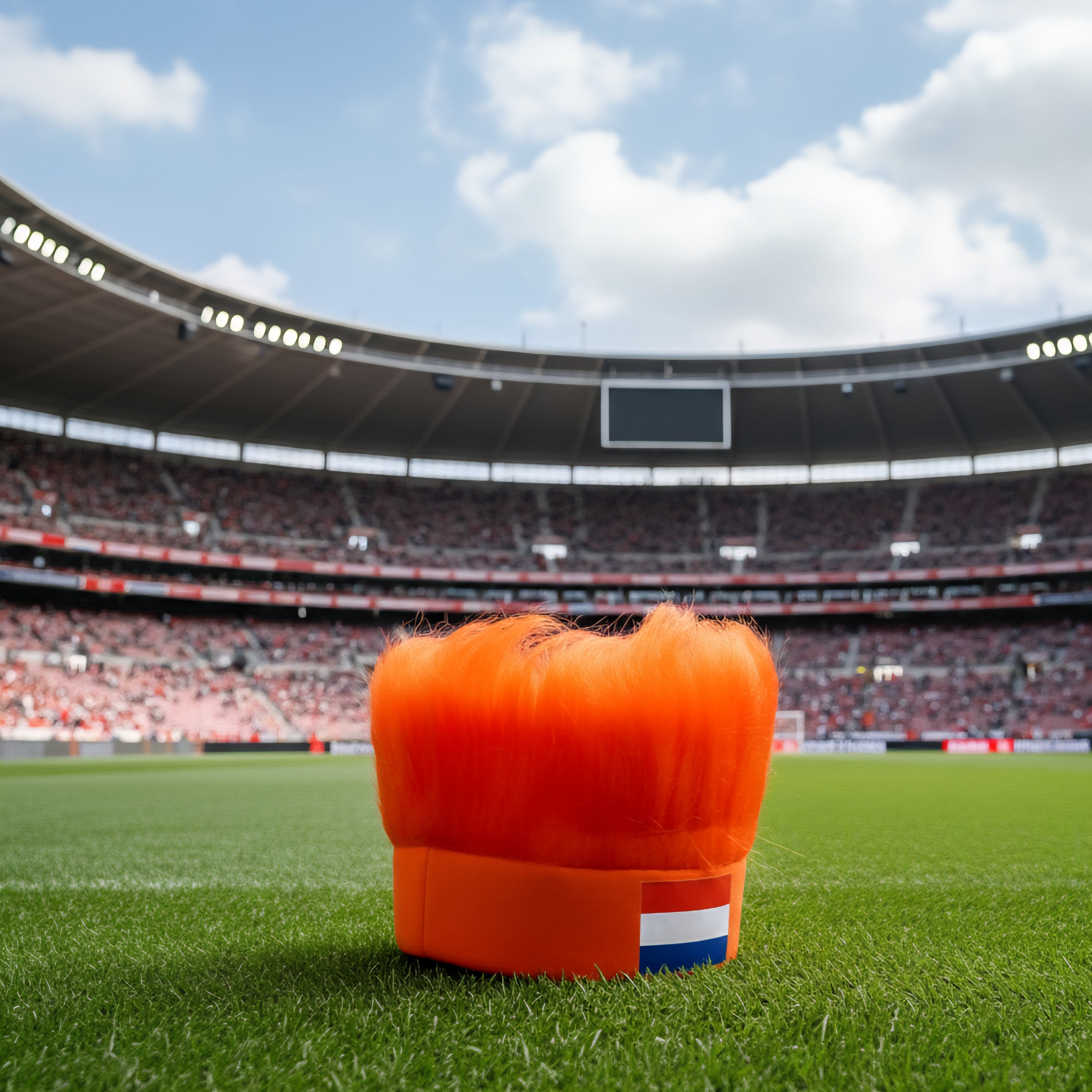 De Oranje hoofdband met haar en Nederlandse vlag, gefotografeerd op het gras van een vol voetbalstadion