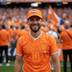 Een Oranje supporter draagt een pet met de Nederlandse vlag tijdens een voetbalwedstrijd