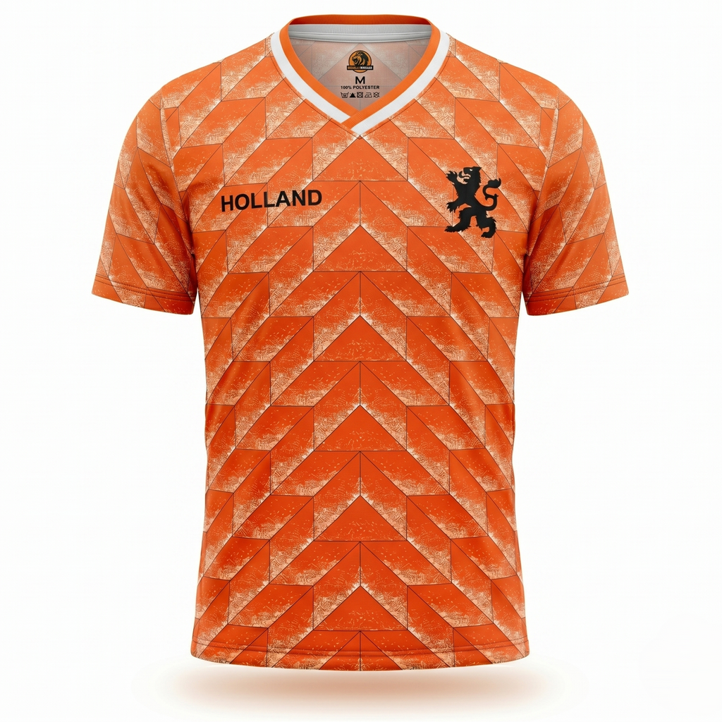 De voorkant van het retro EK 1988 Nederlands elftal voetbalshirt, met het iconische geometrische patroon, de tekst Holland en de zwarte leeuw.